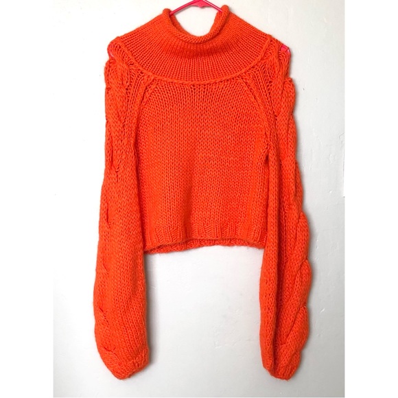 Free People Orange fuzzy Alpaca Pullover Exaggerated Sleeves Cropped Sweater - Picture 1 of 6